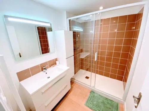 une salle de bain avec une douche, un lavabo et un miroir dans l'établissement La maison Haute, à Guer