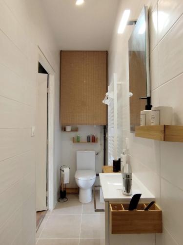 une salle de bain blanche avec des toilettes et un lavabo dans l'établissement Appartement - Suze la Rousse, à Suze-la-Rousse