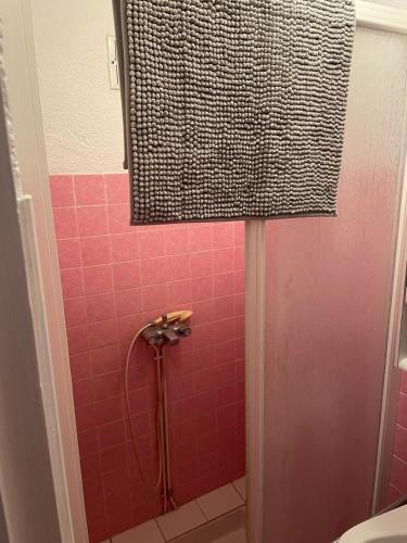 La salle de bains est pourvue d'une douche et d'un mur carrelé rose. dans l'établissement Villa vue sur mer, plage à 2min à pieds, à Banyuls-sur-Mer