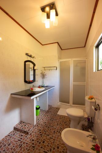 a bathroom with a toilet and a sink at Orchid Self Catering Apartment in La Digue