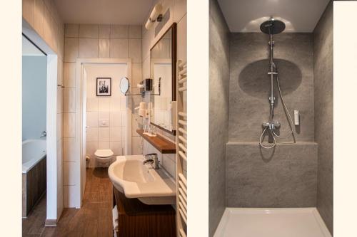two images of a bathroom with a sink and a shower at Springbach-Mühle Belzig in Bad Belzig