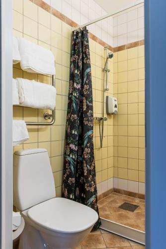 a bathroom with a toilet and a shower at Hotell Kung Gösta by First in Mora