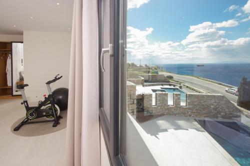 a room with a window with a gym and a view of the ocean at Pnoe Villas Syros in Megas Yialos-Nites