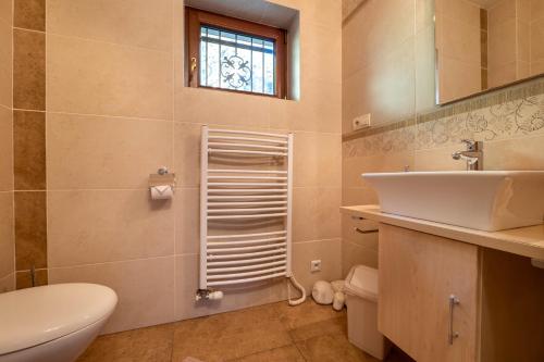 a bathroom with a sink and a toilet and a window at Chata Šafran in Liptovský Ján