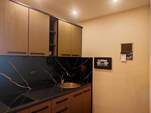 a kitchen with a sink and wooden cabinets at Villa Lena in Ohrid