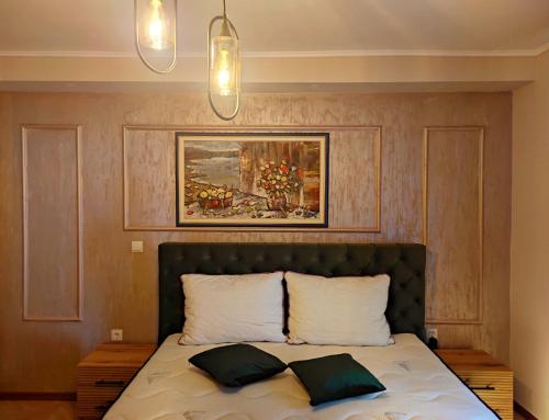 a bedroom with a bed with two pillows on it at Villa Lena in Ohrid