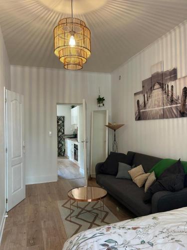 un salon avec un canapé et une table dans l'établissement cozy and central, à Millau