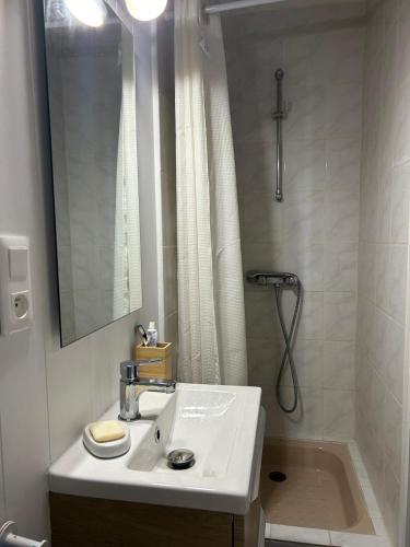 une salle de bain blanche avec un lavabo et une douche dans l'établissement cozy and central, à Millau