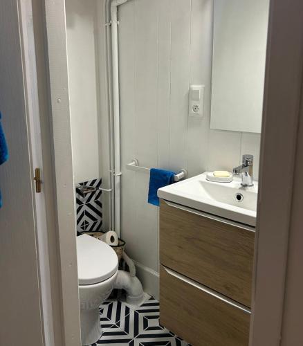 une salle de bain avec des toilettes blanches et un lavabo dans l'établissement cozy and central, à Millau