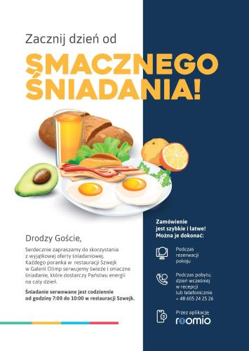 a flyer for a breakfast of avocado sandwiches and orange juice at Zeus Apartments Economy in Lublin