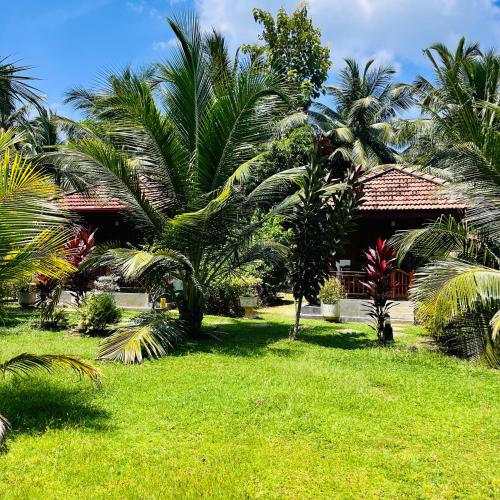a green yard with palm trees and a building at Hanguk Lanka Lagoon Villa in Tangalle