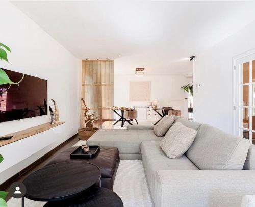 a living room with a couch and a tv at Maison La Belle Cosy 2-bedroom house with jacuzzi & airco in Zoutleeuw