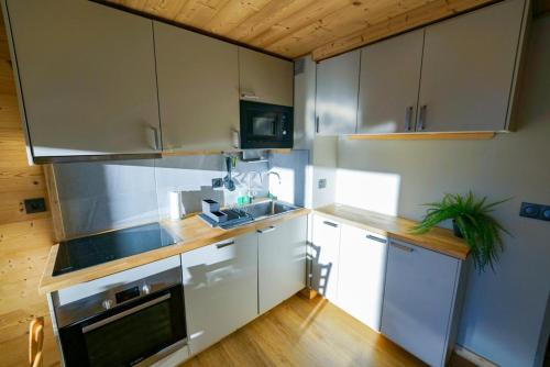 une cuisine avec des armoires blanches et un four à plaques de cuisson dans l'établissement HSH Huez Sweet Huez, à L'Alpe-d'Huez