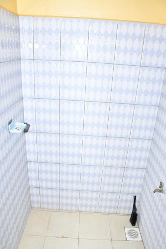 a bathroom with a shower with blue and white tiles at Cosy Studio at Crystal Towers Machakos in Machakos