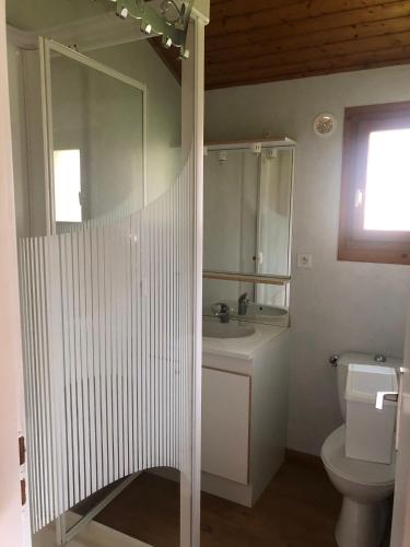 une salle de bain blanche avec un lavabo et des toilettes dans l'établissement CHALET 6 Personnes, à Uxelles