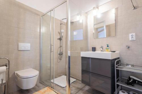 a bathroom with a shower and a toilet and a sink at Apartments Martinis in Vis