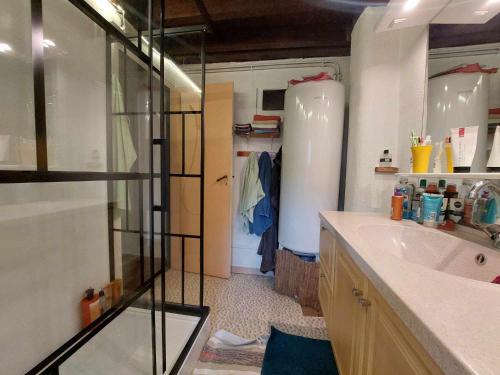 une salle de bain avec un lavabo et une douche en verre dans l'établissement la maison du bonheur chez Yann HUMBLET, à Moulis