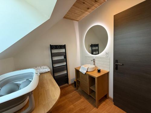 La salle de bains est pourvue d'une baignoire et d'un lavabo avec un miroir. dans l'établissement Thynoé - Châteaux - Loire à vélo, à Muides-sur-Loire