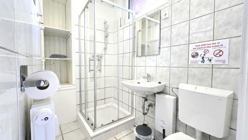 a white bathroom with a toilet and a sink at -CS24- 1 room Apartment with terrace - ALT03 in Altena