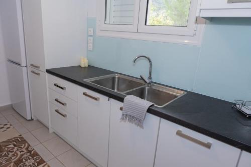 a kitchen with a sink and a black counter top at Alexas country house in Kamena Vourla