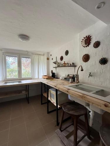 a kitchen with a counter and a sink and some windows at Keco Apartman Dunabogdany in Dunabogdány