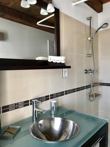 une salle de bain avec un lavabo et une douche dans l'établissement Maison de village Da Margot, à Lozzi