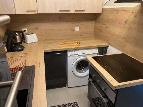 une petite cuisine avec un lave-linge. dans l'établissement Les Brises, à Saint-Gingolph