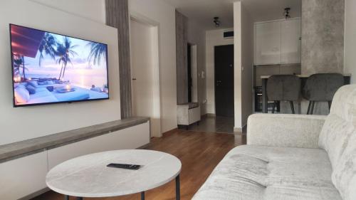 Una sala de estar con un sofá y un televisor en una pared. en Hedonist Garden Luxury Apartments, en Doboj