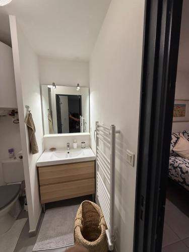 une salle de bain avec un lavabo et un miroir dans l'établissement Charmant appartement moderne avec place de parking privative, à Marseille