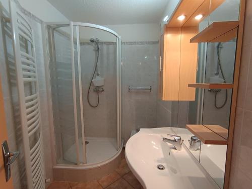 une salle de bain avec douche et lavabo dans l'établissement Appartement Confortable 2* pour 6 Pers, Près des Pistes à Montgenèvre - FR-1-445-54, à Montgenèvre