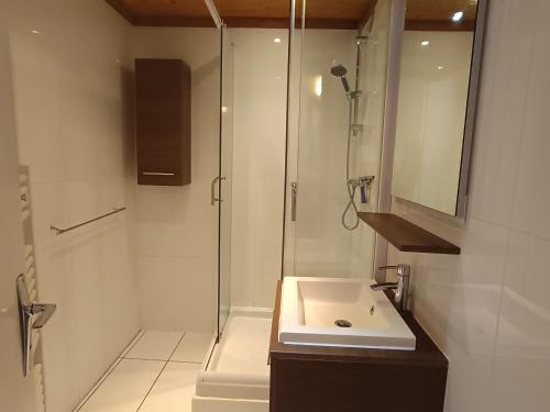 une salle de bain blanche avec une douche et un lavabo dans l'établissement Charmant appartement chalet rénové, 4-6 pers, situé à 100m des pistes à Montgenèvre - FR-1-445-162, à Montgenèvre