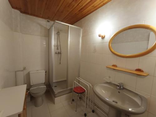 une salle de bain avec un lavabo, des toilettes et un miroir dans l'établissement Studio 4 pers - Petit prix - Parking, balcon sud - Animaux acceptés - FR-1-445-79, à Montgenèvre