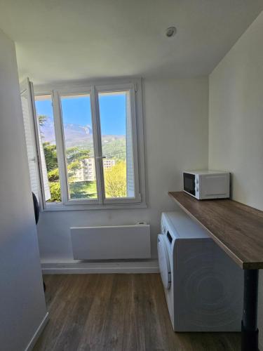 - une cuisine avec un comptoir et 2 fenêtres dans l'établissement 1989 Australie, baignoire ilot et video projecteur, à Seyssinet-Pariset