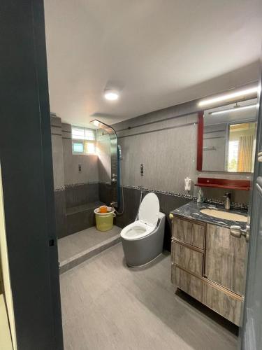 a bathroom with a toilet and a sink at Entire apartment in Gulshan area in Ayubnagar
