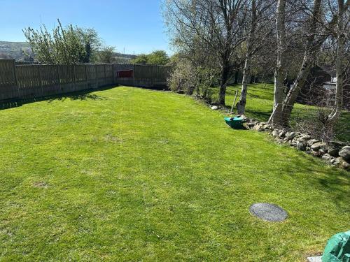 a yard with a fence and green grass and trees at Cysgod Y Dyffryn - Luxury holiday cottage sleeping 8, Hot Tub available in Pen-y-groes