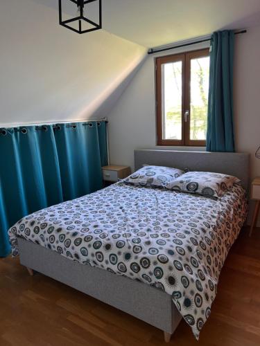 a bedroom with a bed with blue drapes at La maison de Lilylou in Villars-Saint-Georges