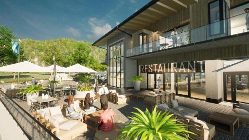 a rendering of a restaurant with people sitting on the patio at Campingresort Hinterstoder in Hinterstoder