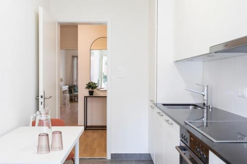 a kitchen with white walls and a white counter at Modern appt opposite theatre, 7 min walk to Messe in Klein-Basel