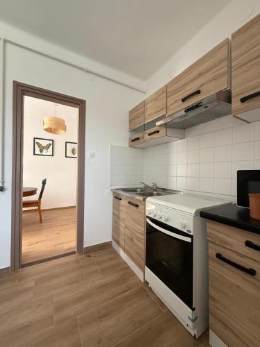 a kitchen with wooden cabinets and a stove top oven at HősCincér Apartment Marót in Pilismarót
