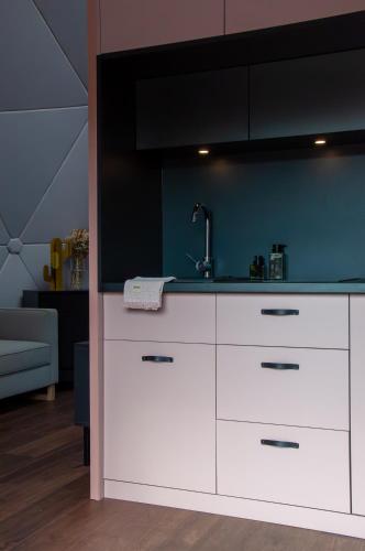 a kitchen with white cabinets and a sink at Amalia Glamp in Wierzchosław