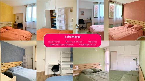un collage de quatre photos d'une chambre dans l'établissement Appartement 4 chambres Idéal 24h moto & voiture, au Mans