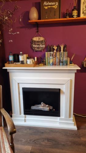 ein Kamin in einem Wohnzimmer mit einer lila Wand in der Unterkunft Magisches Schlafzimmer in Hamburg