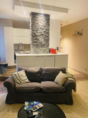 - un salon avec un canapé et une cheminée en pierre dans l'établissement T2 pied dans l eau, à Ajaccio