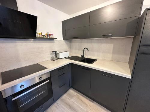 a kitchen with a sink and a counter top at Rhaunen Apartments in Rhaunen