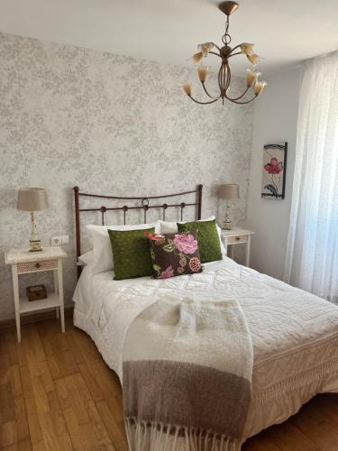 a bedroom with a bed with green pillows and a chandelier at Casa San Martiño - Teo in Rua De Francos