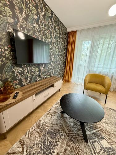 a living room with a tv and a chair at Naujai įrengti apartamentai Morkus Šiauliai in Šiauliai