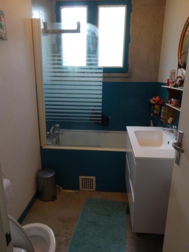 une salle de bain avec une baignoire, un lavabo et une fenêtre dans l'établissement family home, à Baume-les-Dames