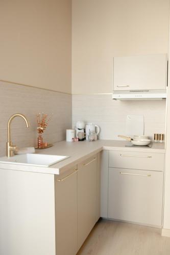 une cuisine blanche avec des armoires blanches et un évier dans l'établissement Studio meublé Le Refuge doré avec Netflix, à Homécourt