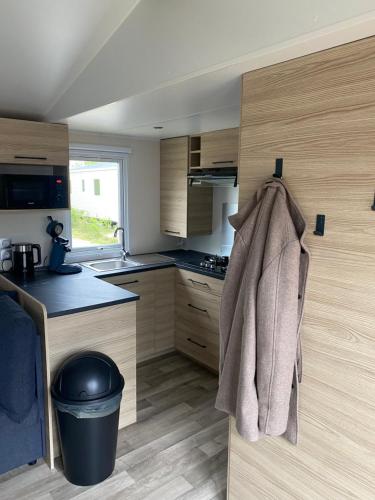 a kitchen with a towel hanging on the wall at chalet 6 personen HZ23 in Lauwersoog