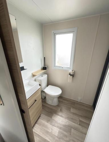 a small bathroom with a toilet and a window at chalet 6 personen HZ23 in Lauwersoog